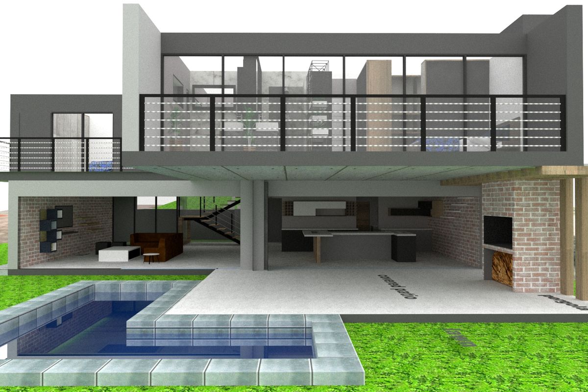 A 3D architectural rendering of a modern residential property featuring a swimming pool, covered patio with fireplace, and an upper-level balcony.