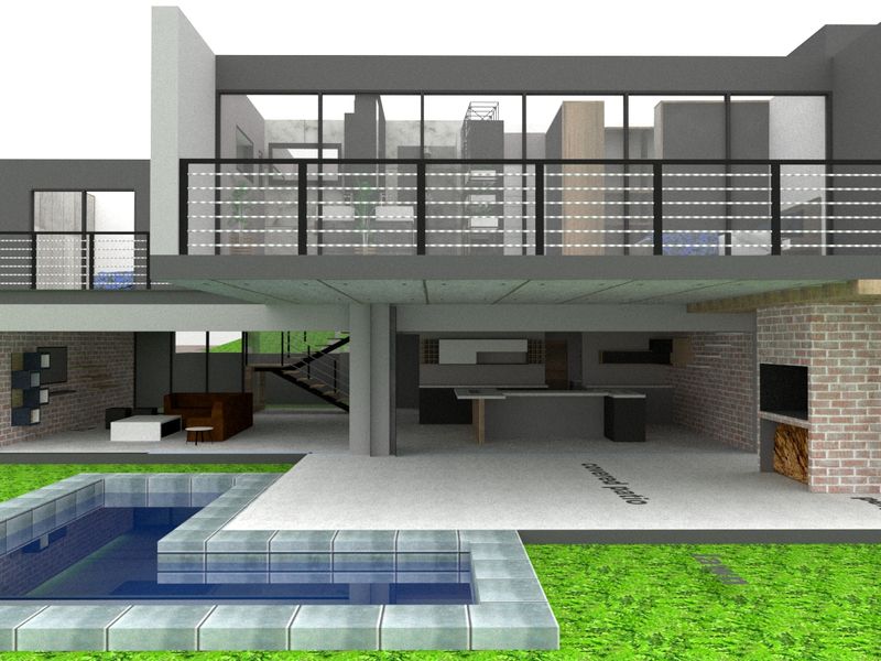 A 3D architectural rendering of a modern residential property featuring a swimming pool, covered patio with fireplace, and an upper-level balcony.