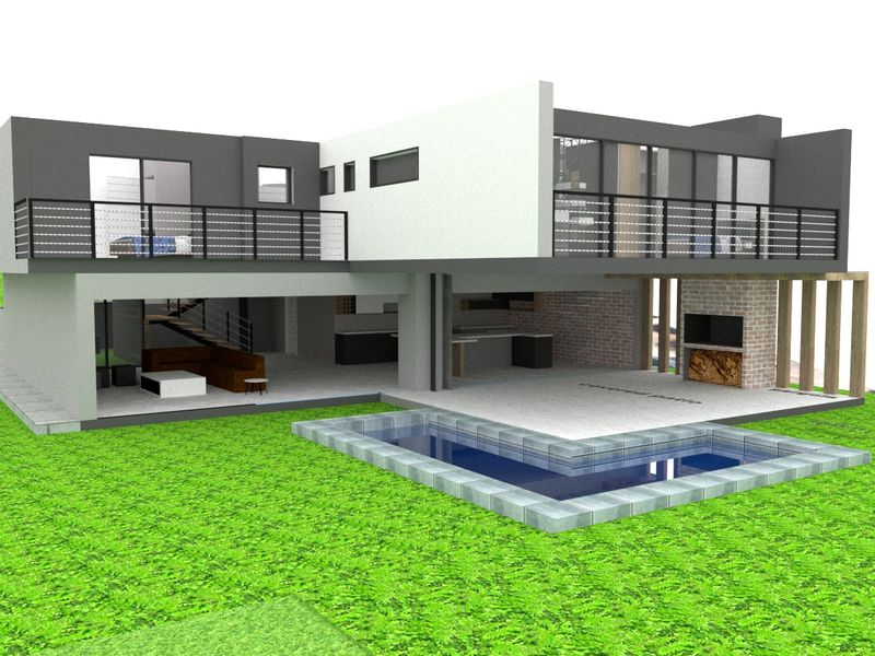 A 3D architectural rendering of a modern two-story residential property featuring a swimming pool, covered patio, and upper-level balconies.