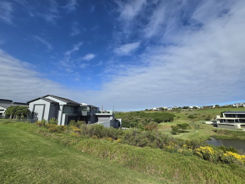 A scenic view of the residential estate, featuring landscaped green spaces, a natural pond, and surrounding modern architectural homes under a clear sky.