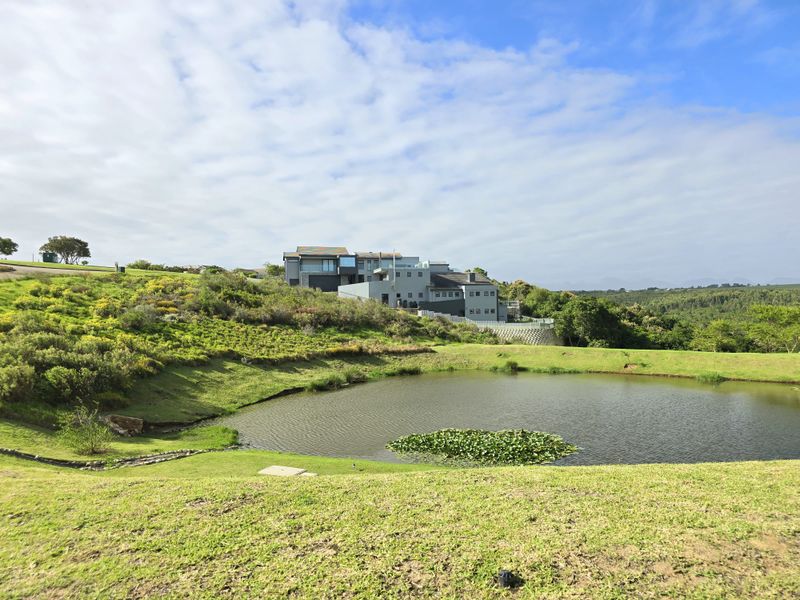 A scenic view of a residential property overlooking a natural pond and landscaped grounds, showcasing the surrounding estate landscape.