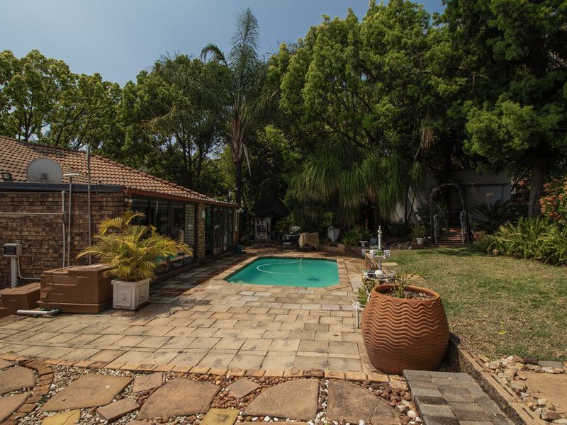 A private backyard featuring a swimming pool, paved patio area, and established garden surroundings, adjacent to the main house structure.