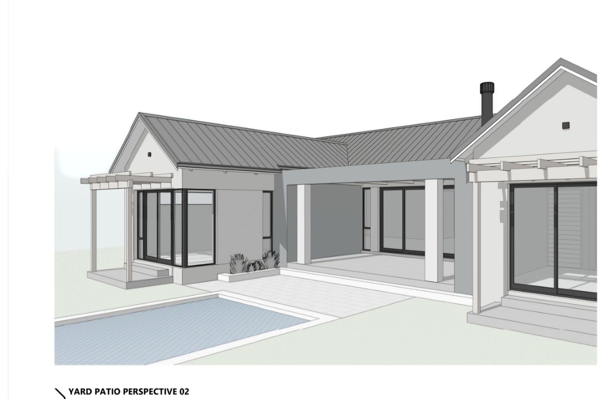 Architectural rendering of a rear patio area featuring a swimming pool, covered veranda, and modern sliding glass doors.
