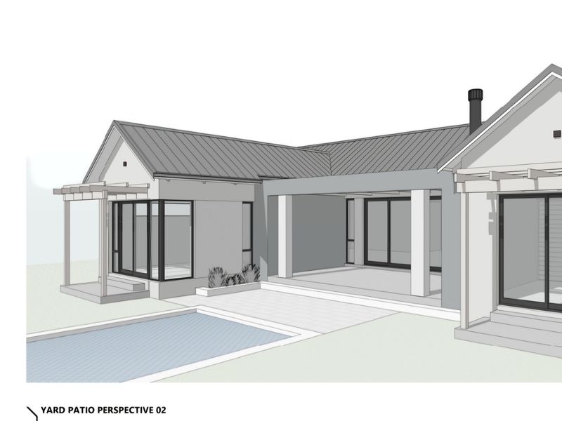Architectural rendering of a rear patio area featuring a swimming pool, covered veranda, and modern sliding glass doors.