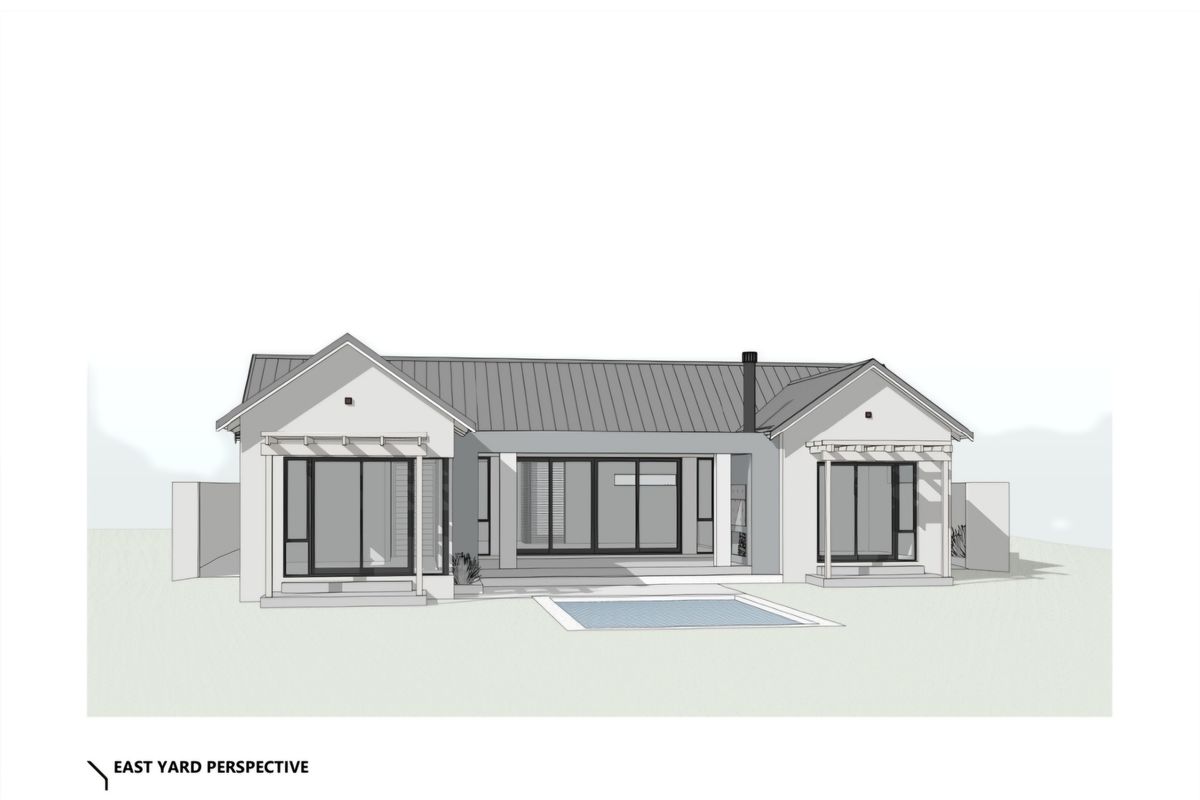 Architectural rendering of the rear elevation featuring a modern home design with a swimming pool, pergola, and large sliding glass doors.