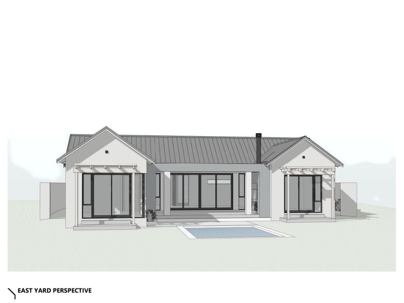 Architectural rendering of the rear elevation featuring a modern home design with a swimming pool, pergola, and large sliding glass doors.