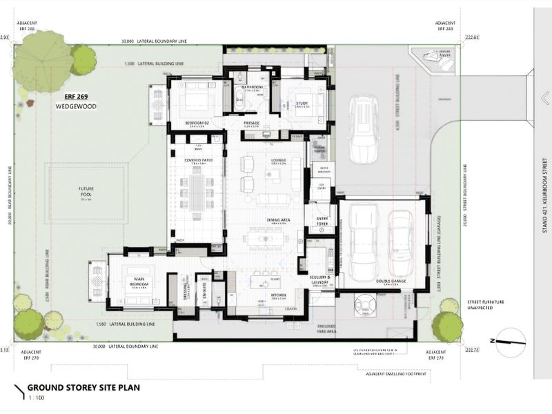 A detailed ground storey site plan showing the layout of the house, including the garage, living areas, kitchen, bedrooms, and outdoor spaces.