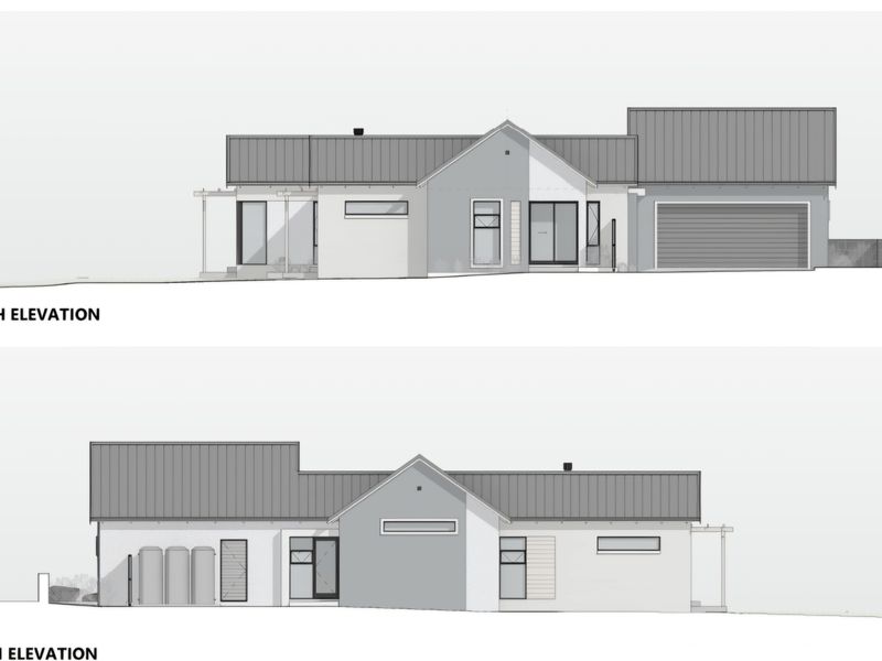 Architectural elevation drawings showing the north and south exterior facades of the proposed house design.