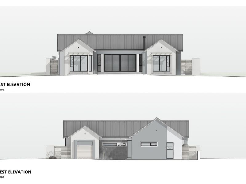Architectural elevation drawings showing the east and west facades of the proposed house design, including roof profile, window placement, and garage access.