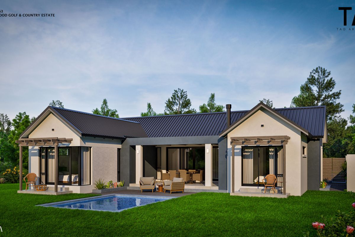 Rear view of a modern house featuring a swimming pool, covered patio with pergola, and large sliding glass doors opening to the garden.