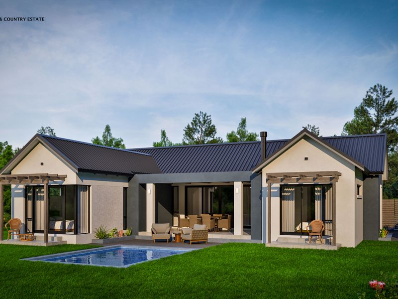 Rear view of a modern house featuring a swimming pool, covered patio with pergola, and large sliding glass doors opening to the garden.