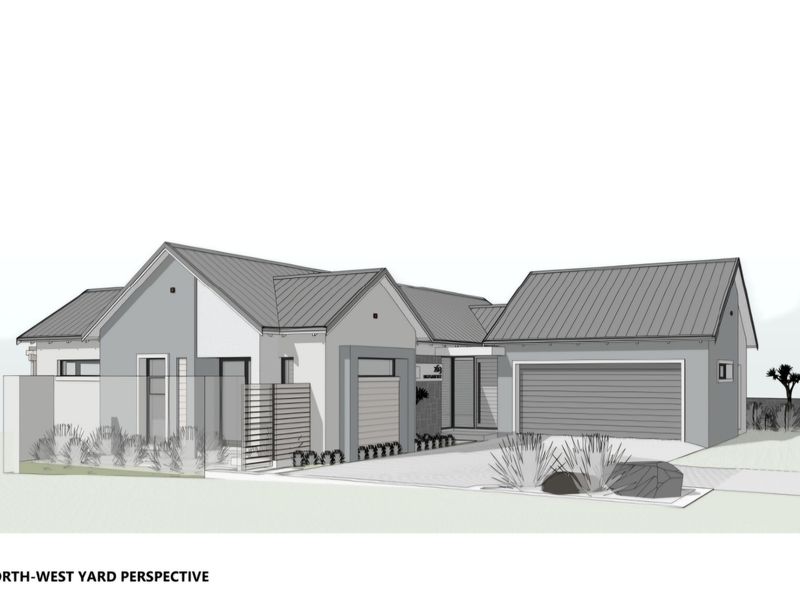 Architectural perspective rendering of a modern house featuring a metal roof, double garage, and paved driveway with integrated boundary wall and privacy screening.