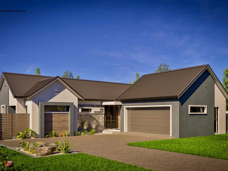 Modern architectural front elevation featuring a metal roof, stone cladding accents, and a paved driveway leading to a double garage.