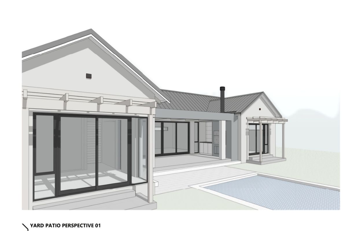 Architectural rendering of a rear patio area featuring a swimming pool, covered outdoor living space, and modern sliding glass doors.