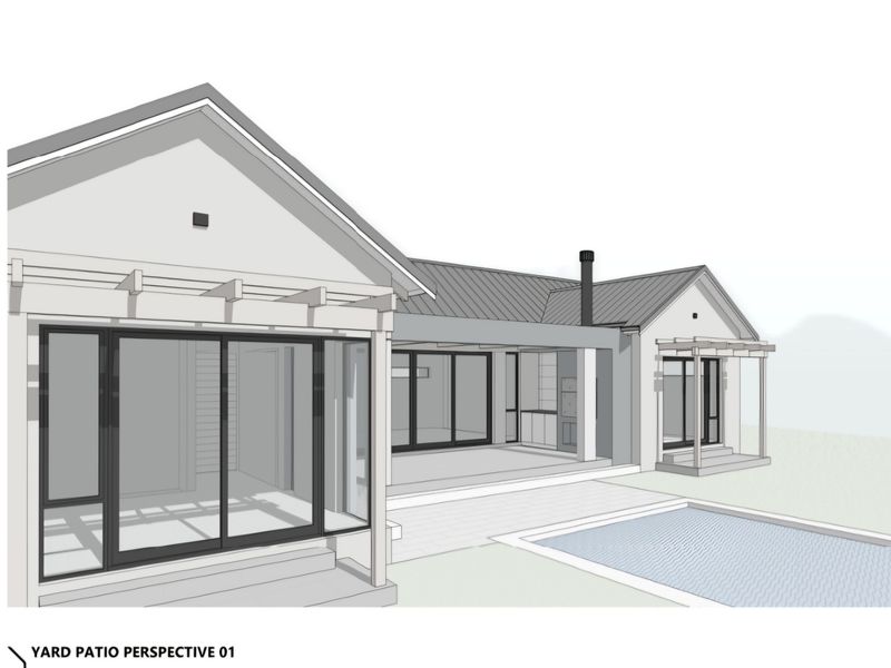 Architectural rendering of a rear patio area featuring a swimming pool, covered outdoor living space, and modern sliding glass doors.