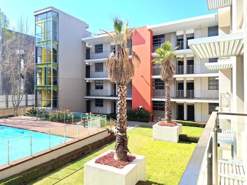 A well-maintained apartment complex courtyard featuring a swimming pool, timber decking, landscaped gardens with palm trees, and modern multi-story building architecture.