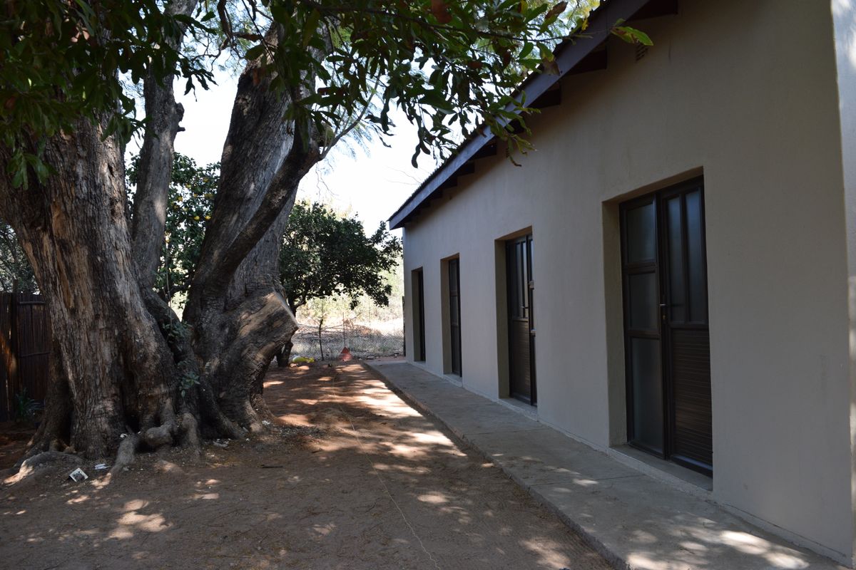 Rear exterior view of the apartment building featuring a concrete walkway, multiple sliding glass door access points, and mature trees.