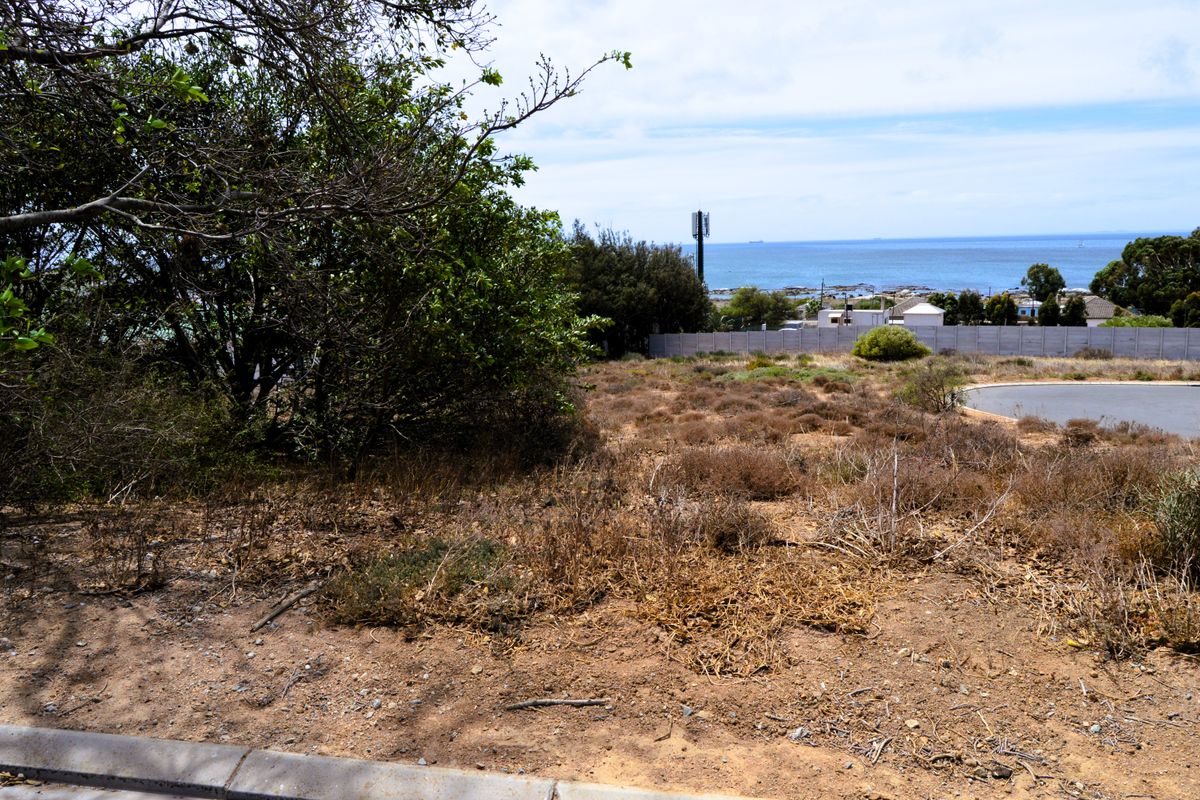 Vacant residential land featuring natural vegetation and a distant ocean view, bordered by a concrete wall and paved road access.