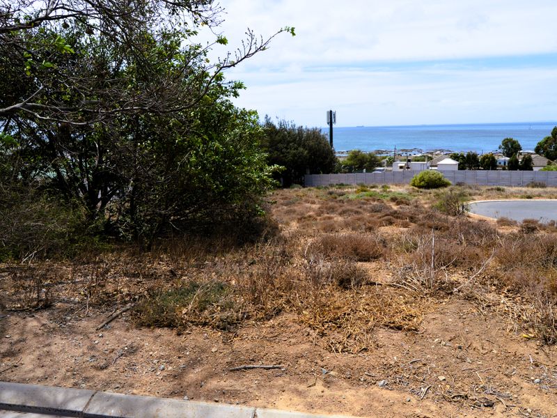 Vacant residential land featuring natural vegetation and a distant ocean view, bordered by a concrete wall and paved road access.