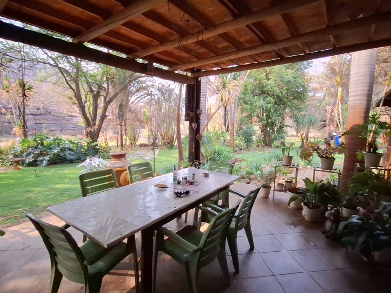 A covered outdoor patio featuring a timber roof structure and tiled flooring, overlooking a lush garden area.