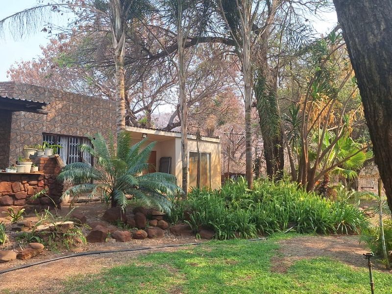 Rear view of the farm property featuring stone-clad exterior walls, a covered patio area, and established garden landscaping with mature trees.