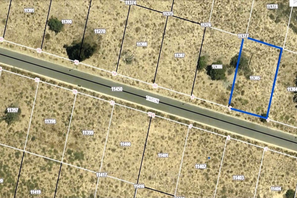 Aerial view of a vacant residential plot highlighted in blue, featuring natural vegetation and direct access to a paved street.