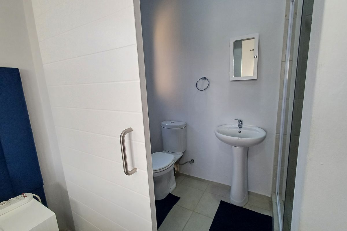 A functional bathroom featuring a pedestal basin, toilet, and shower enclosure, accessed via a modern sliding door.