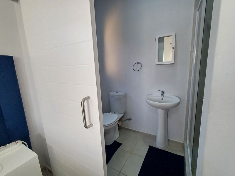 A functional bathroom featuring a pedestal basin, toilet, and shower enclosure, accessed via a modern sliding door.