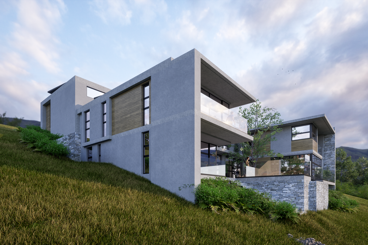 A modern architectural residence featuring concrete and stone finishes, expansive glass balustrades, and tiered balconies set against a hillside landscape.