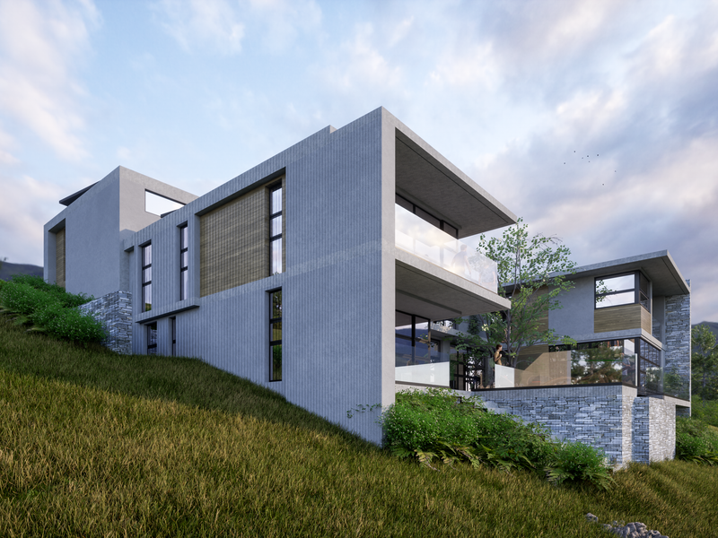 A modern architectural residence featuring concrete and stone finishes, expansive glass balustrades, and tiered balconies set against a hillside landscape.