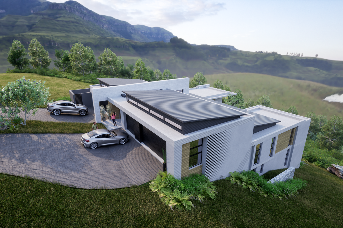 An aerial perspective of a modern architectural residence featuring a paved driveway and contemporary roof design, set against a scenic mountainous landscape.