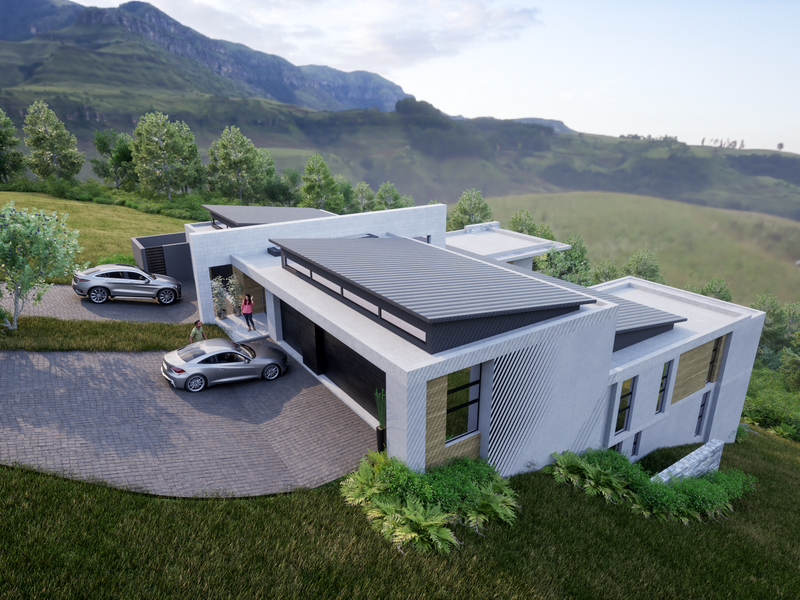 An aerial perspective of a modern architectural residence featuring a paved driveway and contemporary roof design, set against a scenic mountainous landscape.
