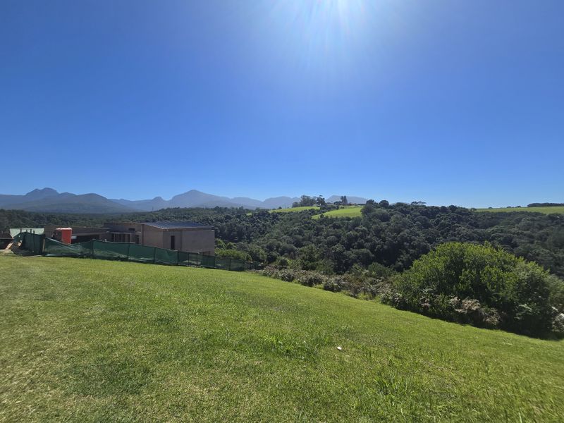 A scenic view of a sloped grassy landscape overlooking dense woodland and distant mountain ranges under a clear blue sky.