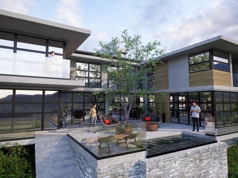 Modern multi-level residential exterior featuring stone cladding, expansive glass windows, a concrete terrace, and a contemporary water feature.
