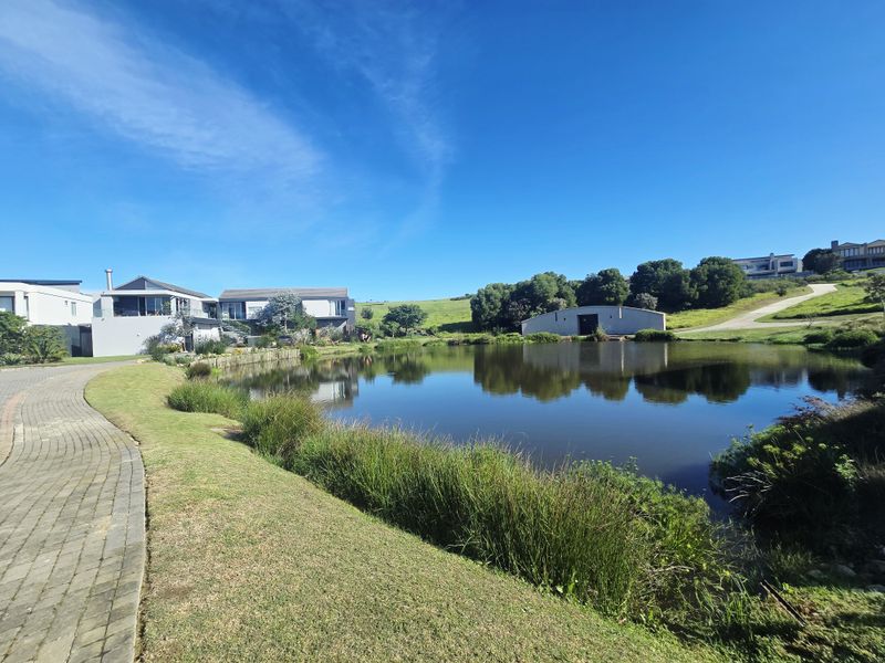 A scenic view of a tranquil pond surrounded by landscaped grounds and paved walkways within a residential estate setting.