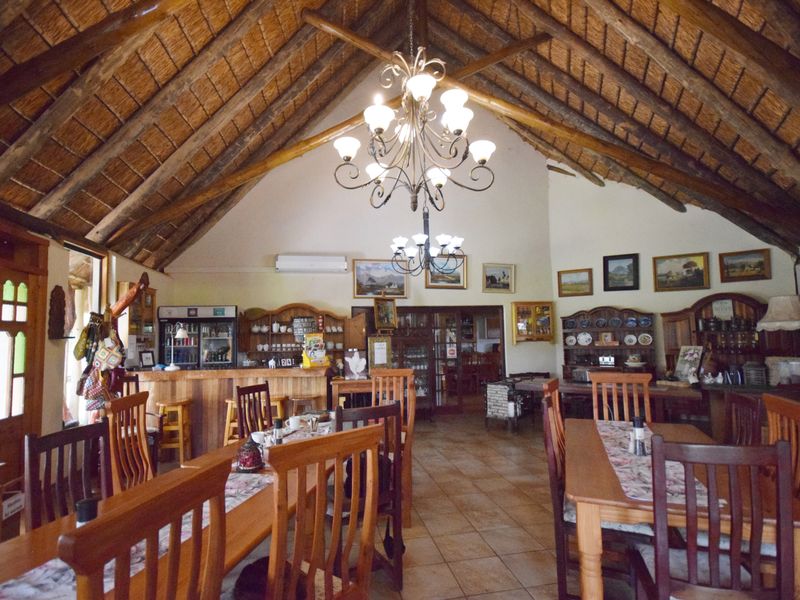 Spacious open-plan lodge dining and bar area featuring a high vaulted thatched ceiling with exposed timber trusses and tiled flooring.