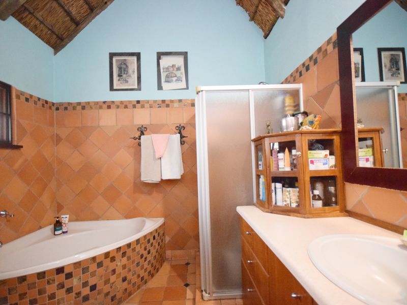 A bathroom featuring a corner bathtub, shower enclosure, and vanity cabinet with integrated sink, finished with terracotta-style tiling and a vaulted thatched ceiling.