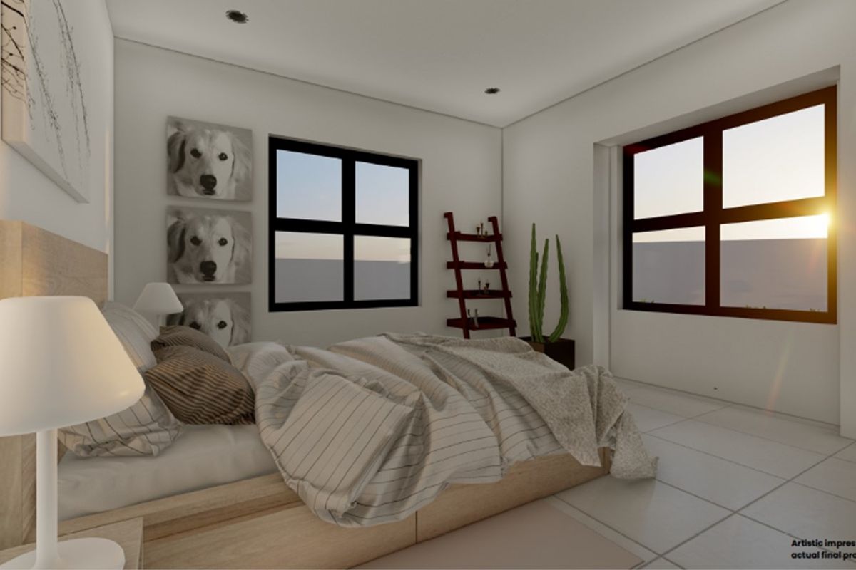 A modern, well-lit bedroom featuring neutral tiled flooring, black-framed windows, and recessed ceiling lighting, presented as an artistic impression.