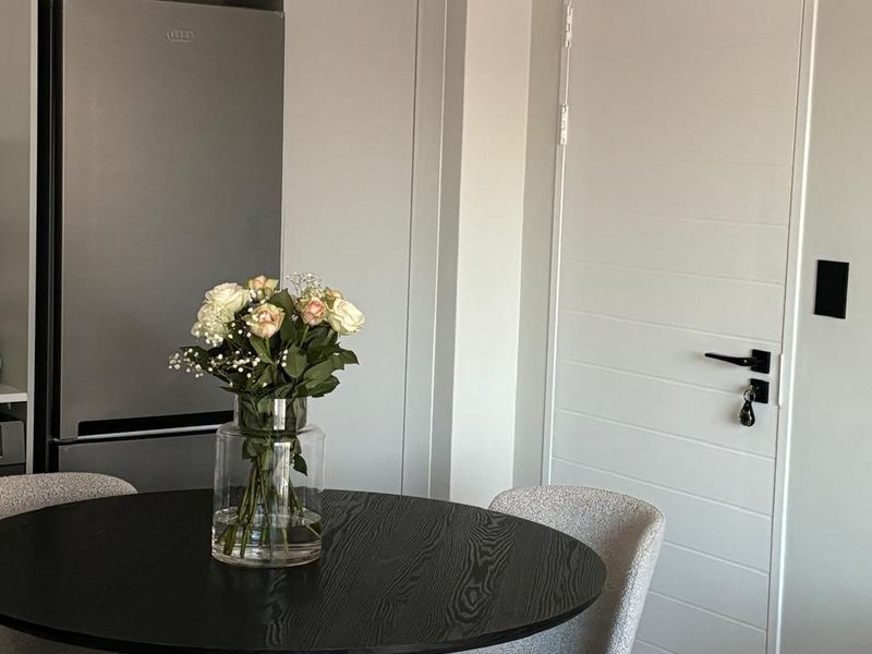 A modern kitchen area featuring sleek built-in cabinetry, integrated refrigerator space, and a contemporary internal door with a hydraulic closer.