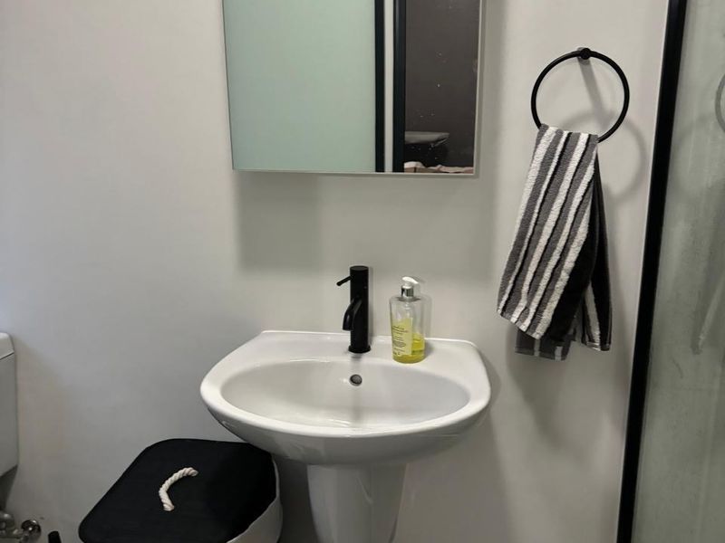 A modern bathroom featuring a white pedestal basin with a black mixer tap, a wall-mounted mirror, and a glass-enclosed shower.