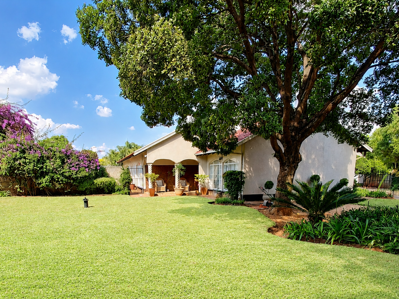 A well-maintained rear garden featuring a lush lawn, mature tree, and a covered patio area attached to the main house structure.