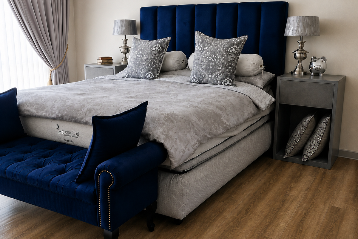 A well-appointed bedroom featuring warm-toned laminate flooring and neutral wall finishes, complemented by elegant window treatments.