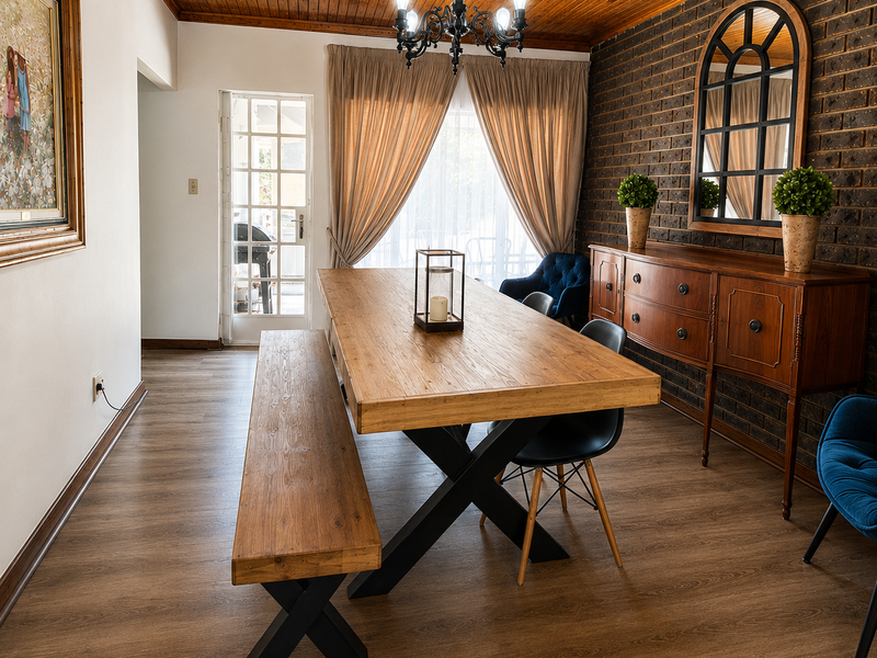 A well-maintained dining room featuring a warm timber ceiling, an exposed brick feature wall, and durable laminate flooring with access to an outdoor area.
