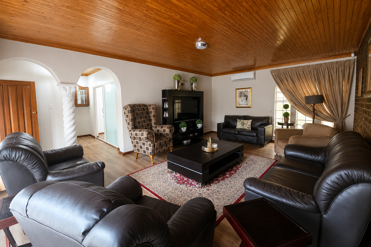 Spacious living room featuring a warm timber tongue and groove ceiling, decorative archways, and a brick feature wall with split system air conditioning.