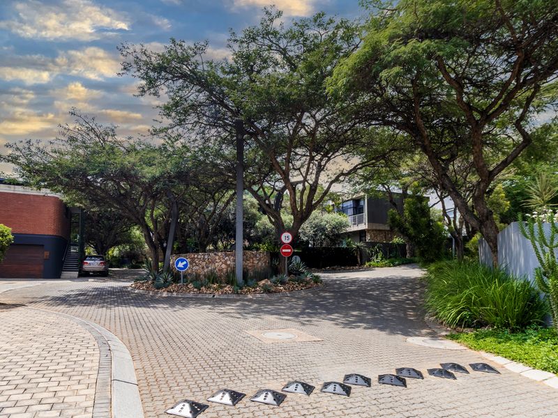 A view of the paved residential street approach featuring mature trees, a stone-walled roundabout, and speed bumps leading into the property.