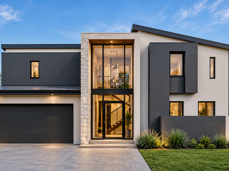 A modern two-story residence featuring a striking stone-clad entrance, expansive glass facade, double garage, and contemporary architectural design with professional landscaping.
