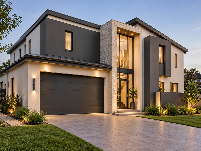 Modern double-story residence featuring a striking stone-clad entrance, contemporary dark grey and neutral facade, integrated double garage, and manicured front landscaping.