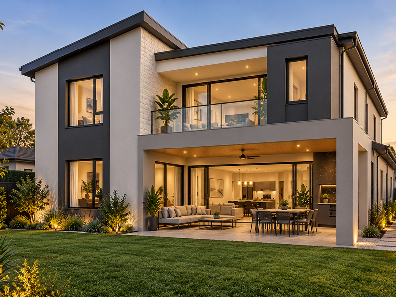 Modern double-story residence featuring a spacious covered patio, upper-level balcony, integrated outdoor kitchen, and beautifully landscaped garden at dusk.