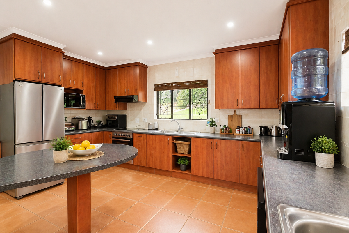A functional kitchen featuring warm-toned wooden cabinetry, dark laminate countertops, tiled flooring, and a central island, providing ample storage and workspace.