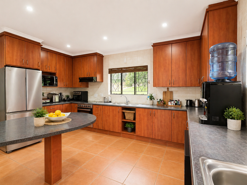 A functional kitchen featuring warm-toned wooden cabinetry, dark laminate countertops, tiled flooring, and a central island, providing ample storage and workspace.